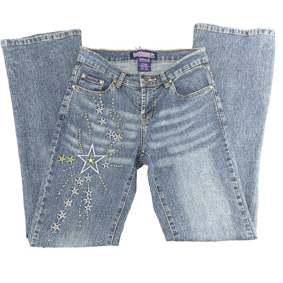 Vtg Y2K Bubblegum Jeans Womens 3/4 Flare Gold Silver Embroidered Stars Low Rise - Picture 1 of 8
